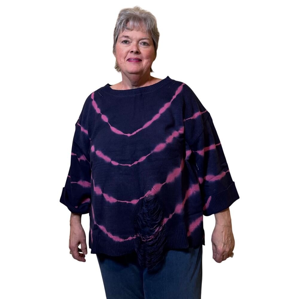 R42-2X NWT Umgee Tie Dye Round Neck Distressed Detail pullover sweater